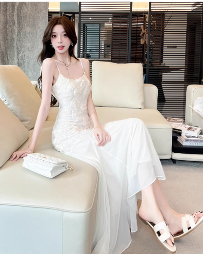 Simple White Three-dimensional Rose Embroidery Design Mermaid Sleeveless Spaghetti Strap Dress TP3323