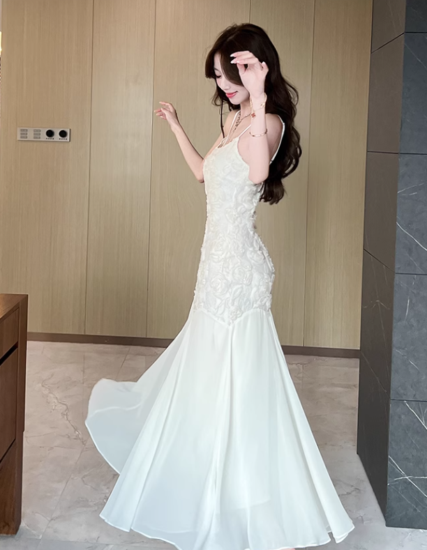 Simple White Three-dimensional Rose Embroidery Design Mermaid Sleeveless Spaghetti Strap Dress TP3323
