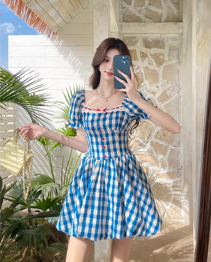 New Fashion Blue Plaid Design A-line Square Collar Short Sleeves Dress TP3324