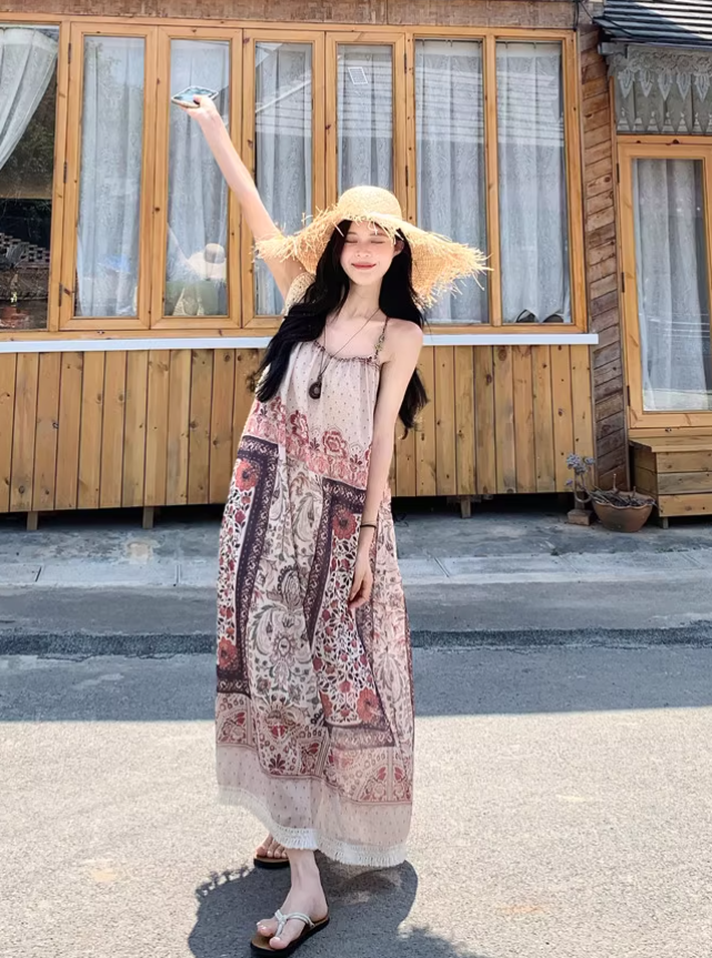 New Fashion Bohemian-style Print Design A-line Sleeveless Spaghetti Strap Dress TP3325