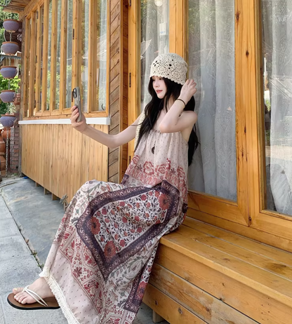 New Fashion Bohemian-style Print Design A-line Sleeveless Spaghetti Strap Dress TP3325