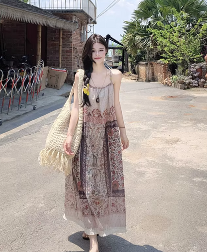 New Fashion Bohemian-style Print Design A-line Sleeveless Spaghetti Strap Dress TP3325