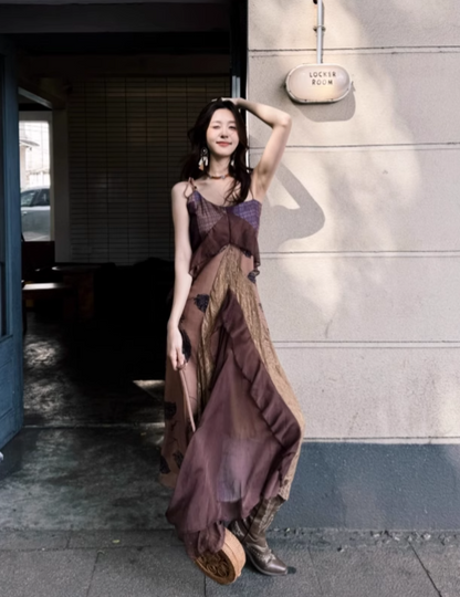 Vintage Irregular Ruffled Hem Fashion Splicing Design A-line Long Spaghetti Strap Dress TP3328
