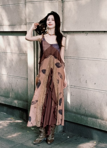 Vintage Irregular Ruffled Hem Fashion Splicing Design A-line Long Spaghetti Strap Dress TP3328