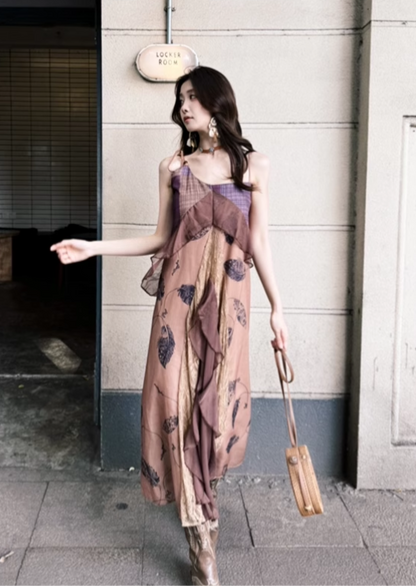 Vintage Irregular Ruffled Hem Fashion Splicing Design A-line Long Spaghetti Strap Dress TP3328