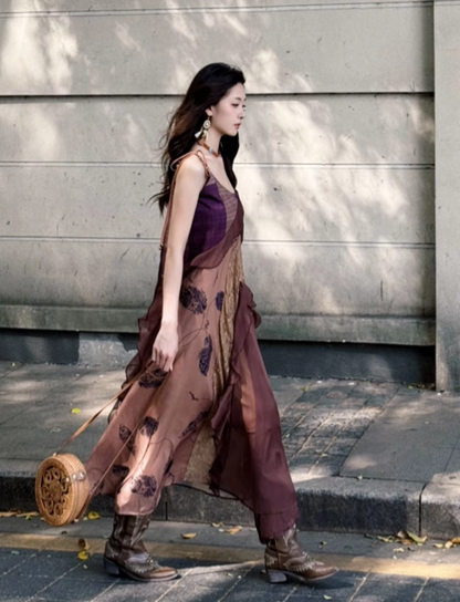 Vintage Irregular Ruffled Hem Fashion Splicing Design A-line Long Spaghetti Strap Dress TP3328