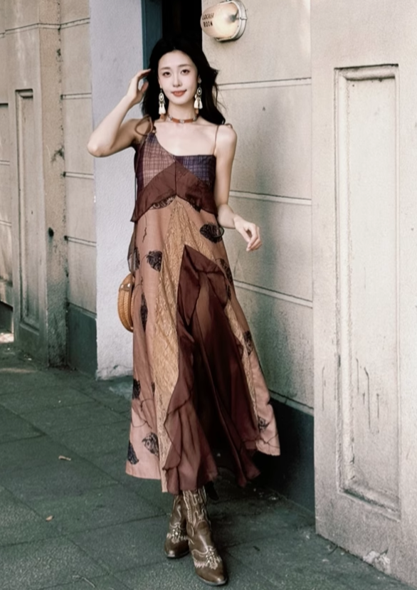 Vintage Irregular Ruffled Hem Fashion Splicing Design A-line Long Spaghetti Strap Dress TP3328