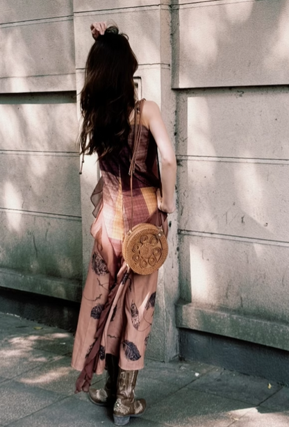 Vintage Irregular Ruffled Hem Fashion Splicing Design A-line Long Spaghetti Strap Dress TP3328