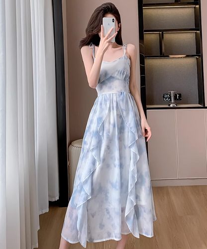 Vintage Blue Floral Design Beach Holiday A-line Long Spaghetti Strap Dress TP3329