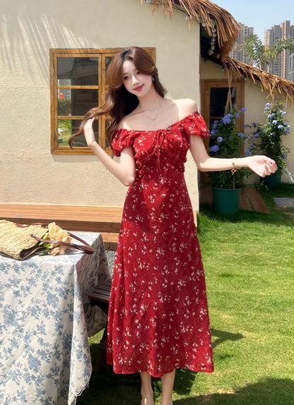 Simple Fashion Red Floral Design A-line Long High-waisted Dress TP3330