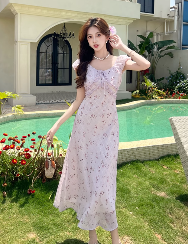 Simple Fashion Red Floral Design A-line Long High-waisted Dress TP3330