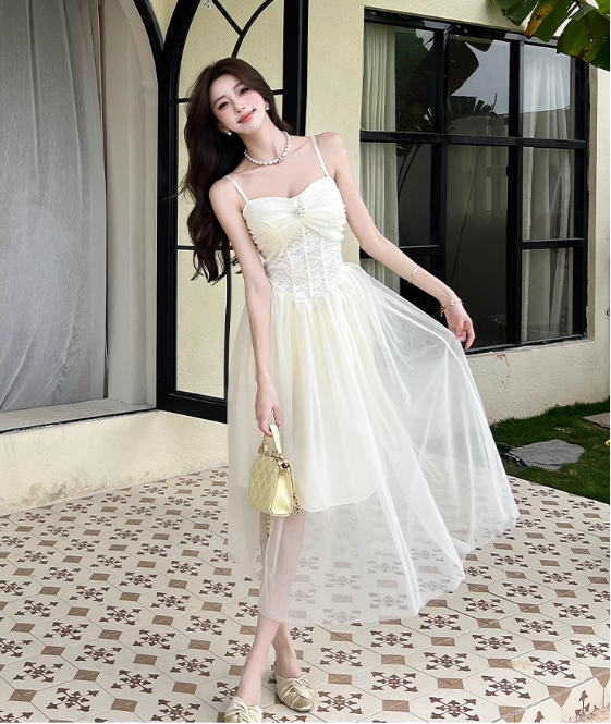 Simple Fashion Mesh Dress Design A-line Long High-waisted Spaghetti Strap Dress TP3331