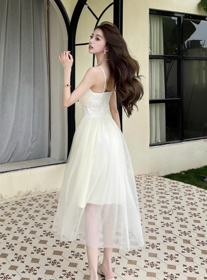 Simple Fashion Mesh Dress Design A-line Long High-waisted Spaghetti Strap Dress TP3331