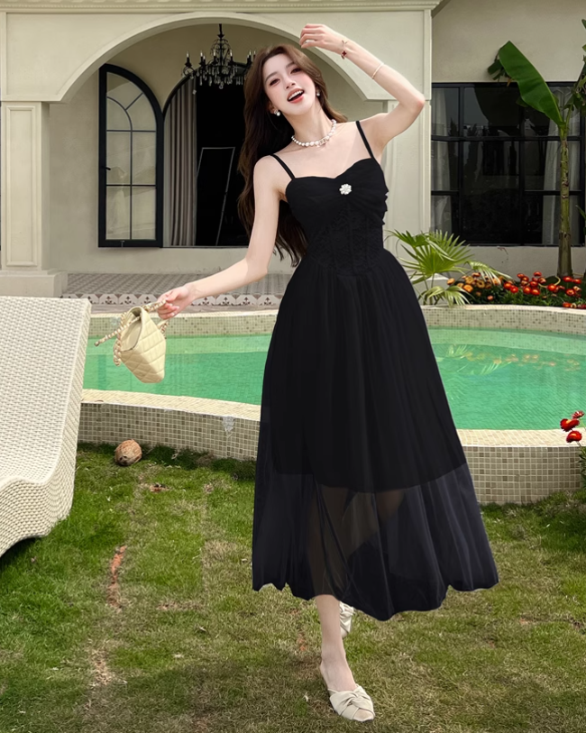 Simple Fashion Mesh Dress Design A-line Long High-waisted Spaghetti Strap Dress TP3331