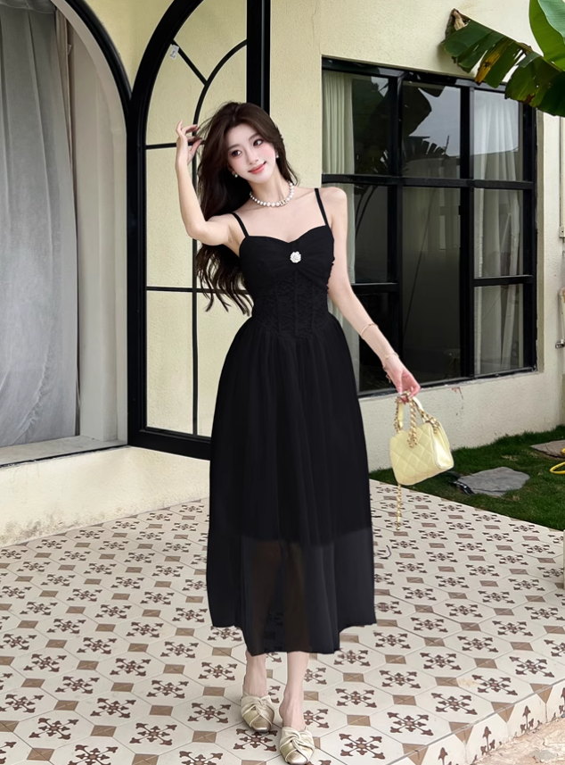 Simple Fashion Mesh Dress Design A-line Long High-waisted Spaghetti Strap Dress TP3331