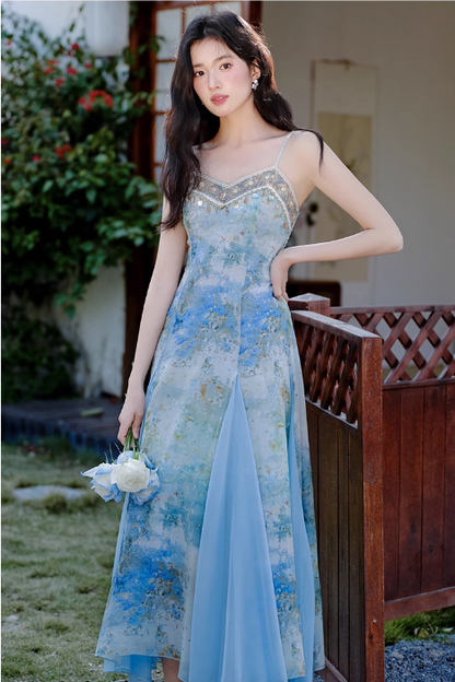 Vintage Fashion Blue Floral Print Design A-line Long High-waisted V-neck Spaghetti Strap Dress TP3332