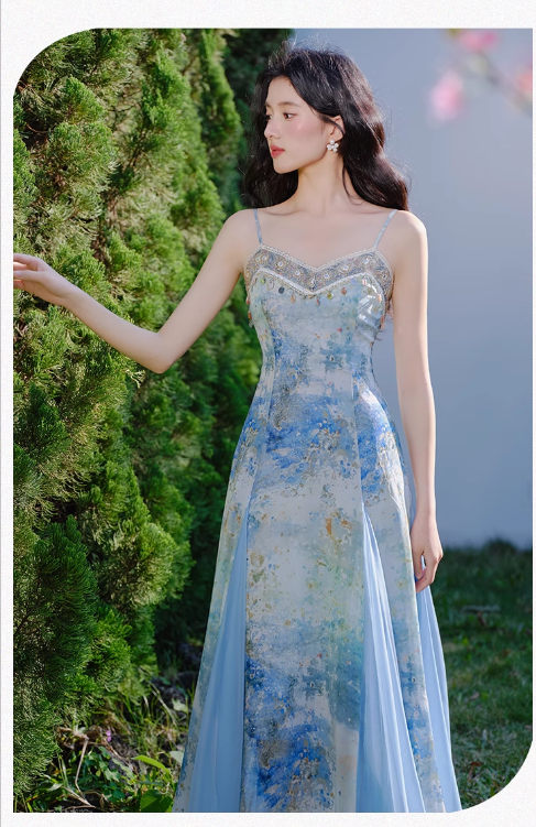 Vintage Fashion Blue Floral Print Design A-line Long High-waisted V-neck Spaghetti Strap Dress TP3332