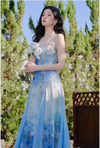Vintage Fashion Blue Floral Print Design A-line Long High-waisted V-neck Spaghetti Strap Dress TP3332