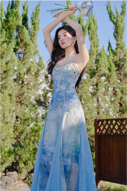 Vintage Fashion Blue Floral Print Design A-line Long High-waisted V-neck Spaghetti Strap Dress TP3332