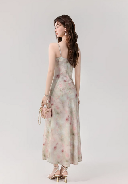 Vintage Fashion Floral Print Design A-line Long Spaghetti Strap Dress TP3333