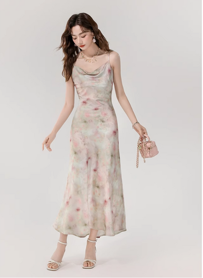 Vintage Fashion Floral Print Design A-line Long Spaghetti Strap Dress TP3333