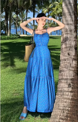 Simple Fashion Blue Floral Design A-line Long Spaghetti Strap Dress TP3334