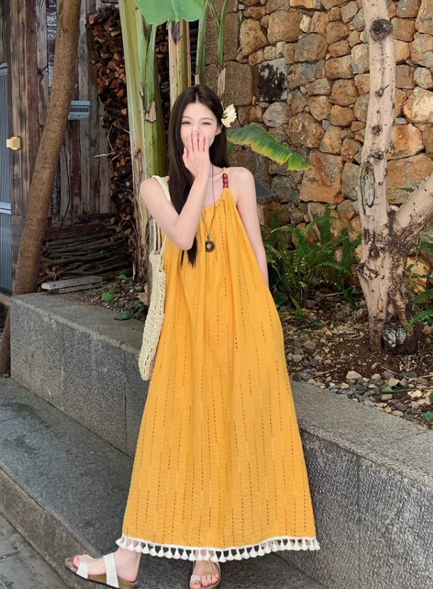 Simple Fashion Yellow Loose-fitting Design Beach Holiday A-line Long Spaghetti Strap Dress TP3336