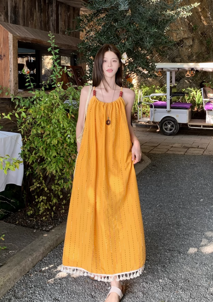 Simple Fashion Yellow Loose-fitting Design Beach Holiday A-line Long Spaghetti Strap Dress TP3336