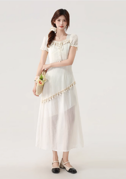 New Fashion Apricot Irregular Fringed Dress Hem Design A-line Square Collar Short-sleeved Dress TP3337