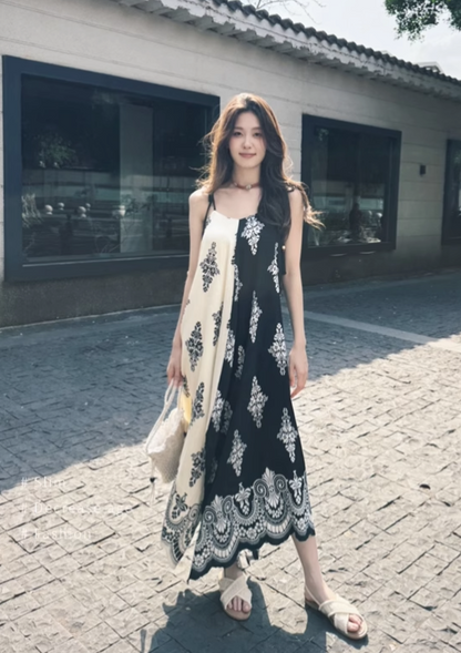 Vintage Fashion Color-matching Split Dress Design A-line Long Spaghetti Strap Floral Dress TP3339