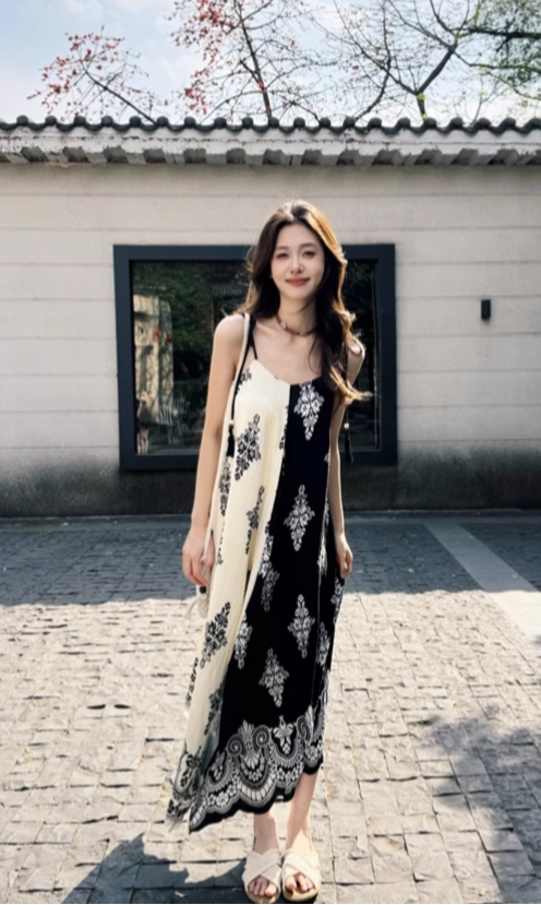 Vintage Fashion Color-matching Split Dress Design A-line Long Spaghetti Strap Floral Dress TP3339