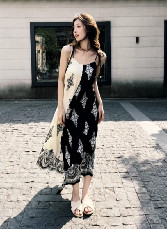 Vintage Fashion Color-matching Split Dress Design A-line Long Spaghetti Strap Floral Dress TP3339