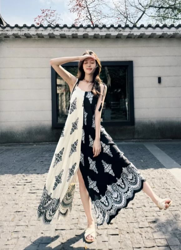 Vintage Fashion Color-matching Split Dress Design A-line Long Spaghetti Strap Floral Dress TP3339