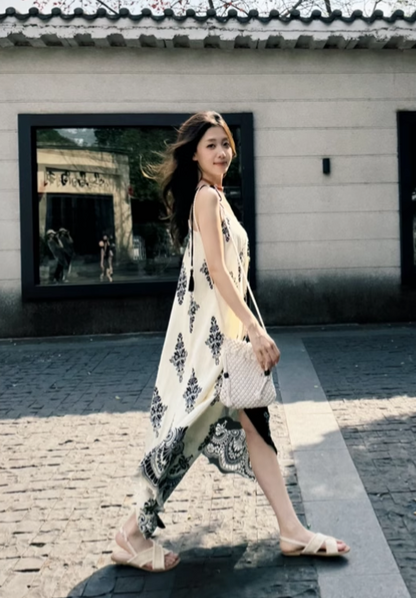 Vintage Fashion Color-matching Split Dress Design A-line Long Spaghetti Strap Floral Dress TP3339