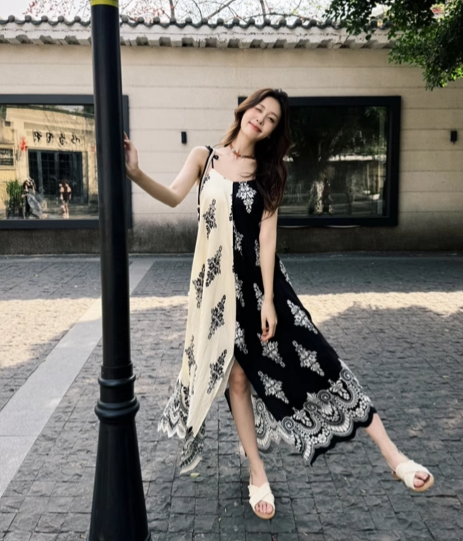 Vintage Fashion Color-matching Split Dress Design A-line Long Spaghetti Strap Floral Dress TP3339