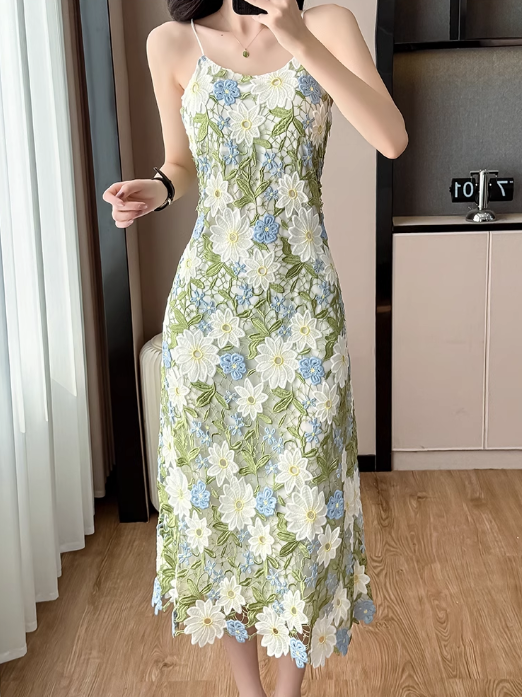 New Fashion Green Floral Embroidery Design Midi A-line Spaghetti Strap Dress TP3343