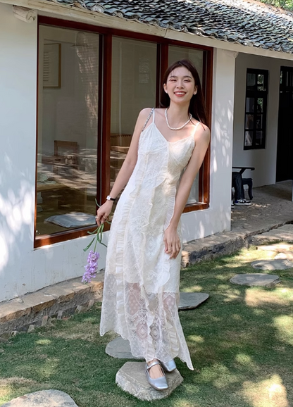 New Fashion White Floral Design Lace A-line V-neck Spaghetti Strap Dress TP3344