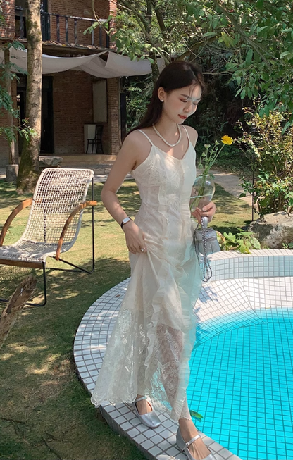 New Fashion White Floral Design Lace A-line V-neck Spaghetti Strap Dress TP3344