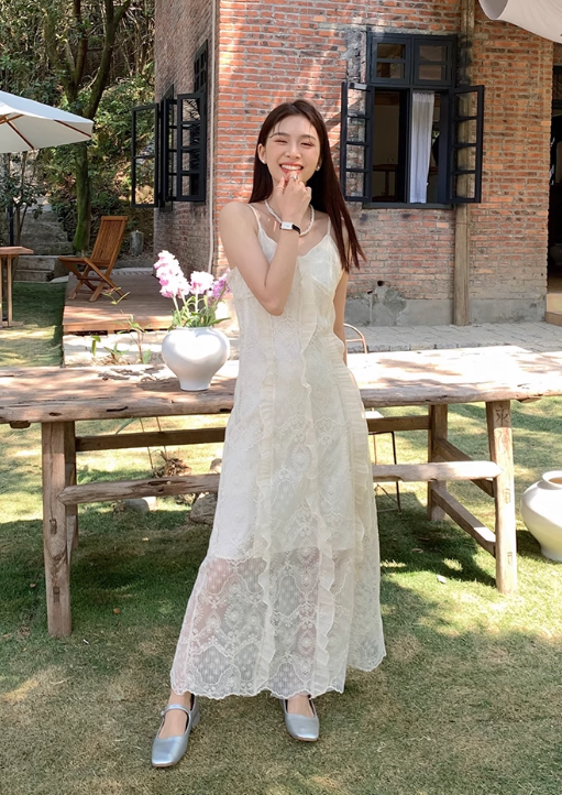 New Fashion White Floral Design Lace A-line V-neck Spaghetti Strap Dress TP3344