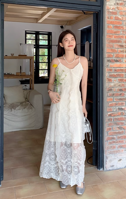 New Fashion White Floral Design Lace A-line V-neck Spaghetti Strap Dress TP3344