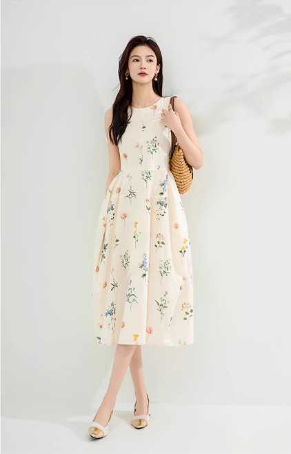 Simple Fashion Apricot Sleeveless Design A-line Midi Floral Dress TP3346