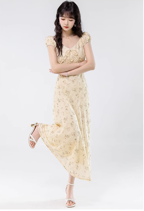 Simple Fashion Floral Design Sweet A-line V-neck Short-sleeved Dress TP3347