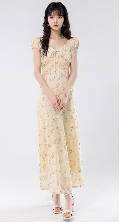 Simple Fashion Floral Design Sweet A-line V-neck Short-sleeved Dress TP3347