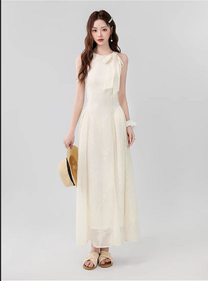 Vintage Fashion Apricot Mesh Ribbon Lace Design A-line Beach Holiday Halter Dress TP3349