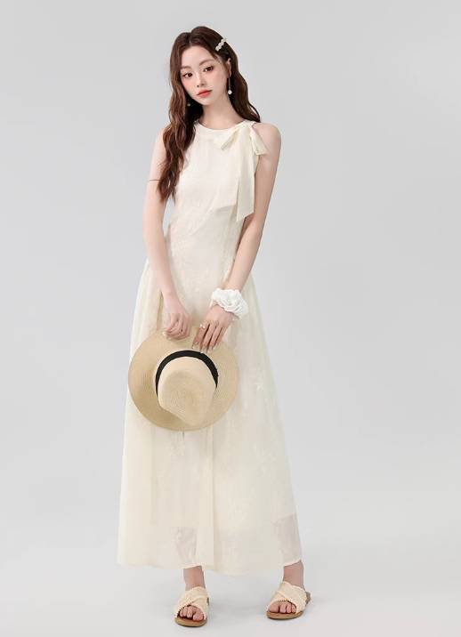 Vintage Fashion Apricot Mesh Ribbon Lace Design A-line Beach Holiday Halter Dress TP3349