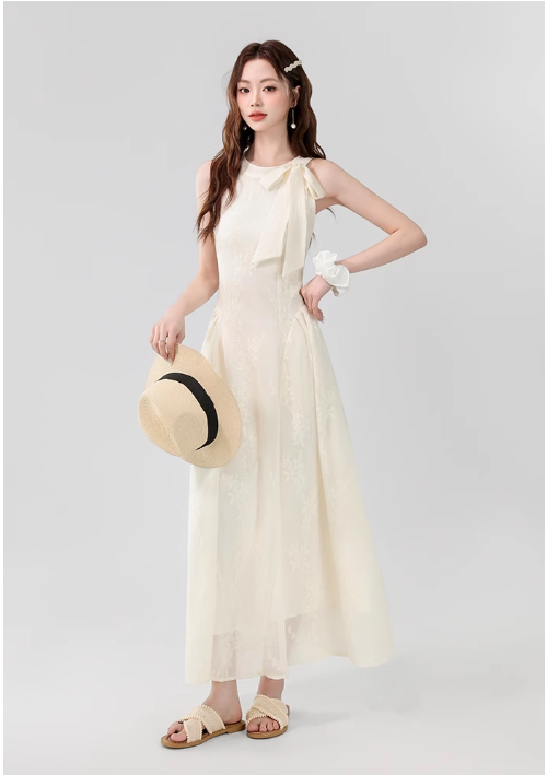 Vintage Fashion Apricot Mesh Ribbon Lace Design A-line Beach Holiday Halter Dress TP3349