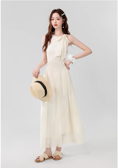 Vintage Fashion Apricot Mesh Ribbon Lace Design A-line Beach Holiday Halter Dress TP3349