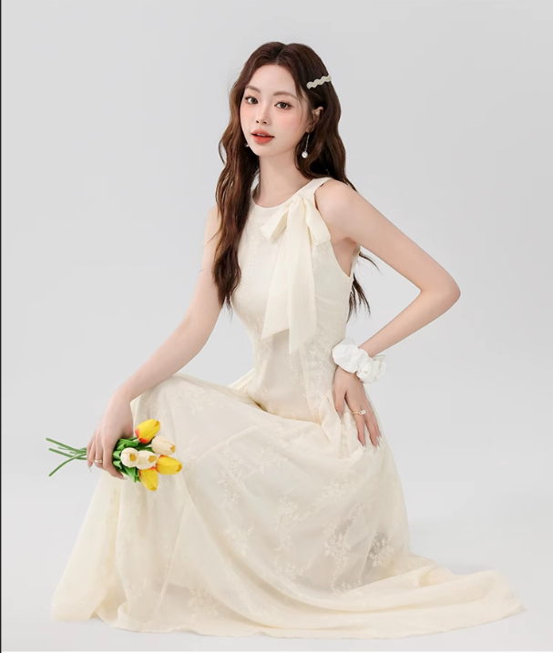 Vintage Fashion Apricot Mesh Ribbon Lace Design A-line Beach Holiday Halter Dress TP3349