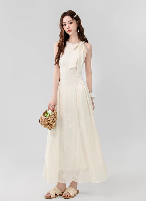 Vintage Fashion Apricot Mesh Ribbon Lace Design A-line Beach Holiday Halter Dress TP3349