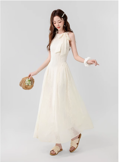 Vintage Fashion Apricot Mesh Ribbon Lace Design A-line Beach Holiday Halter Dress TP3349